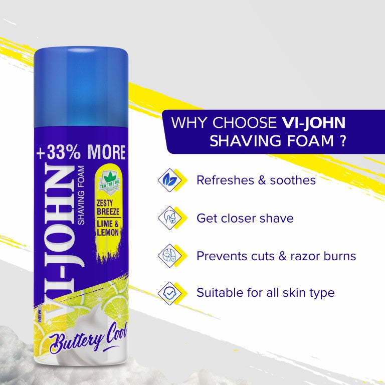Vi-John Shaving Foam Lemon & Lime With Anti Bacterial Formula, Tea Tree Oil & Vitamin E - 400 GM | Pack Of 2 - 800 G