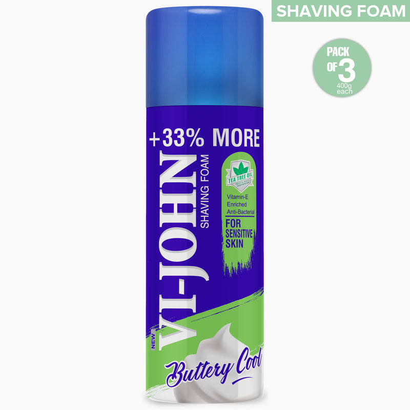 Vi-John Shaving Foam For Sensitive Skin With Tea Tree Oil, Vitamin E & Bacti Guard Formula Skin 400 GM (Pack Of 3 - 1200 GM)