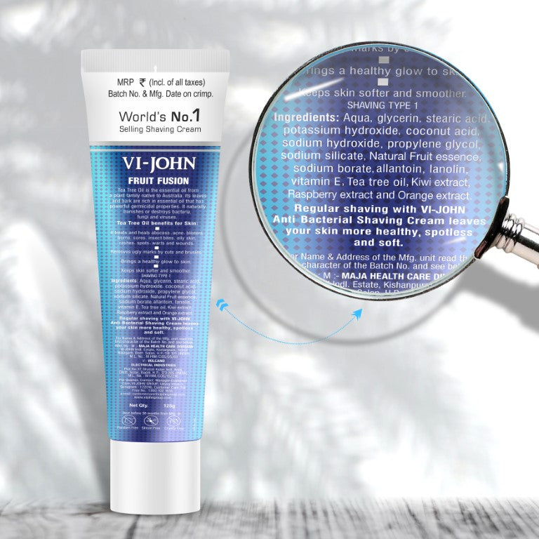 VI-JOHN Fruit Fusion Shaving Cream With Tea Tree Oil & Fruit Extracts - 125 GM (Pack Of 4 - 500 GM)