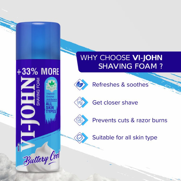 Vi-John Shaving Foam All Skin Type With Vitamin E & Tea Tree Oil - 400 GMs, After Shave Lotion Splash 50 ML & Disposable Razor Of (Grooming Kit Set Of 3)