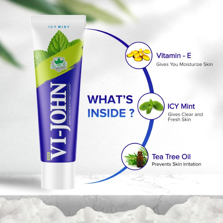 VI-JOHN Shaving Cream Icy Mint With Tea Tree & Vitamin E-  125 GM (Pack Of 4 - 500 GM + Disposable Razor 1 Pack)